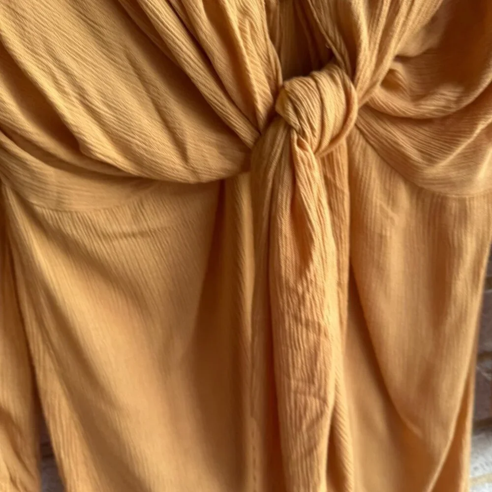 Free People Long Sleeve V-Neck Tie Front Mustard Tunic Blouse Women's Size XS